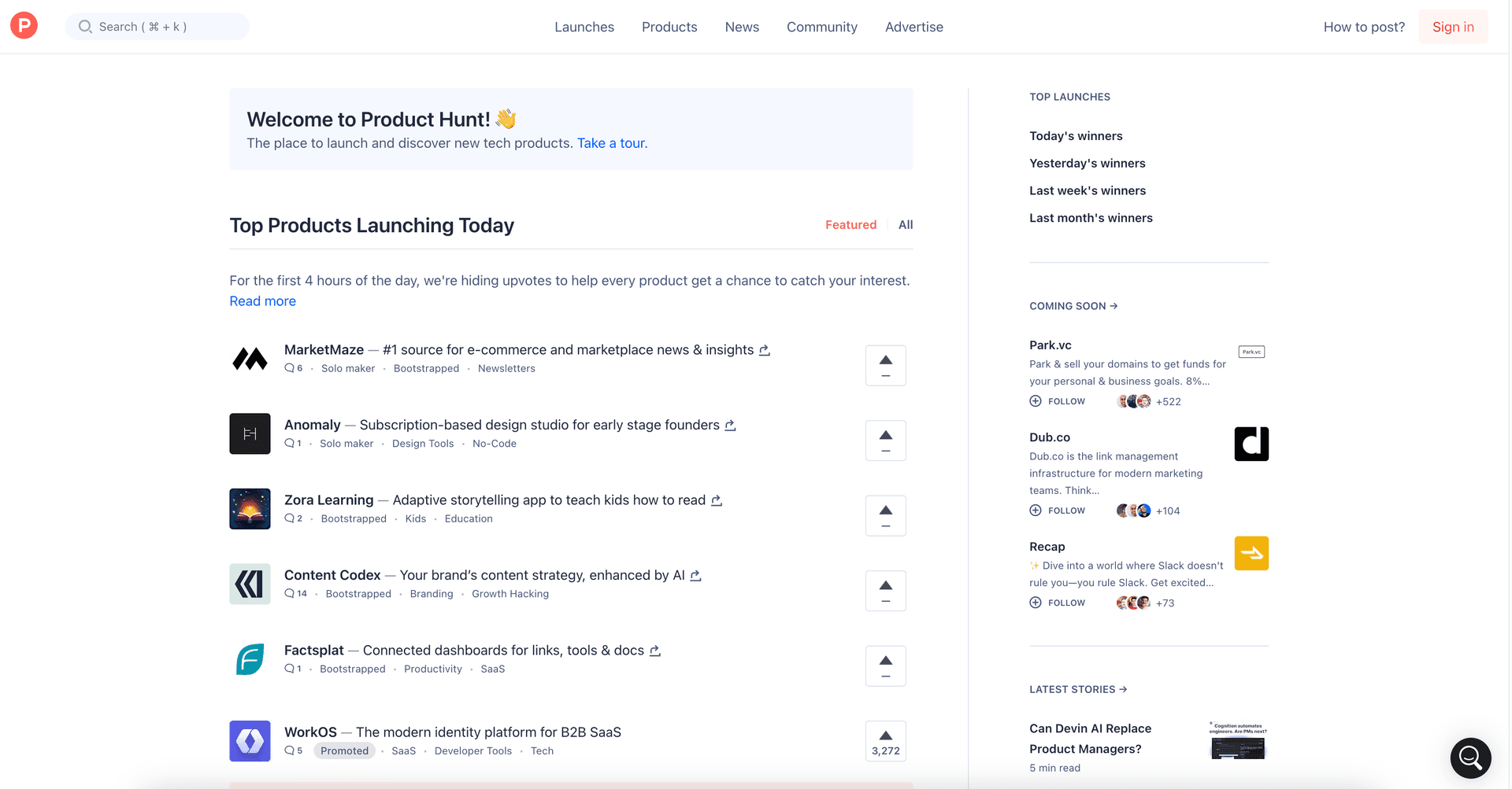 Product Hunt landing page