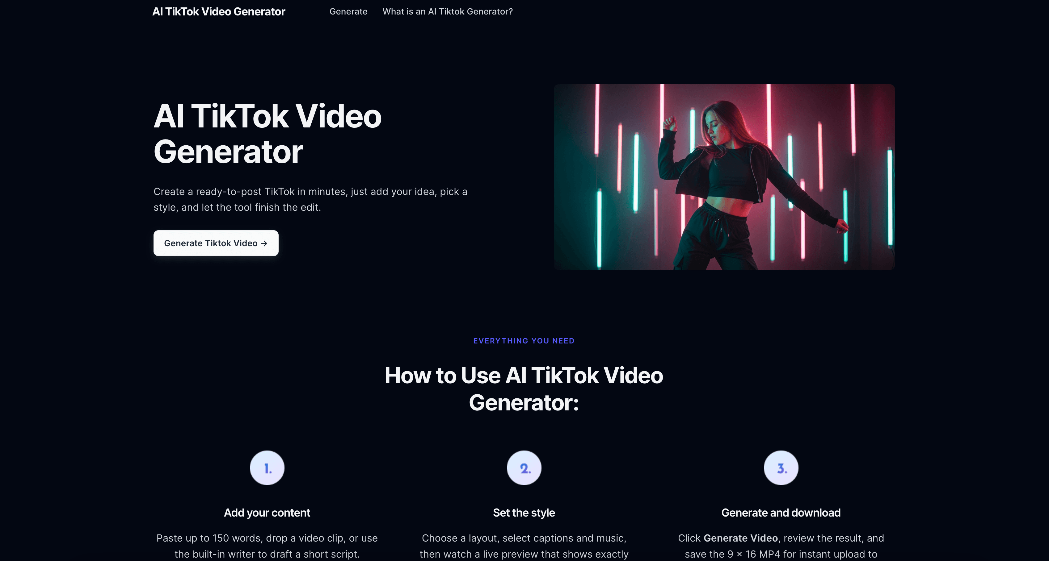 AI TikTok Video Generator interface screenshot