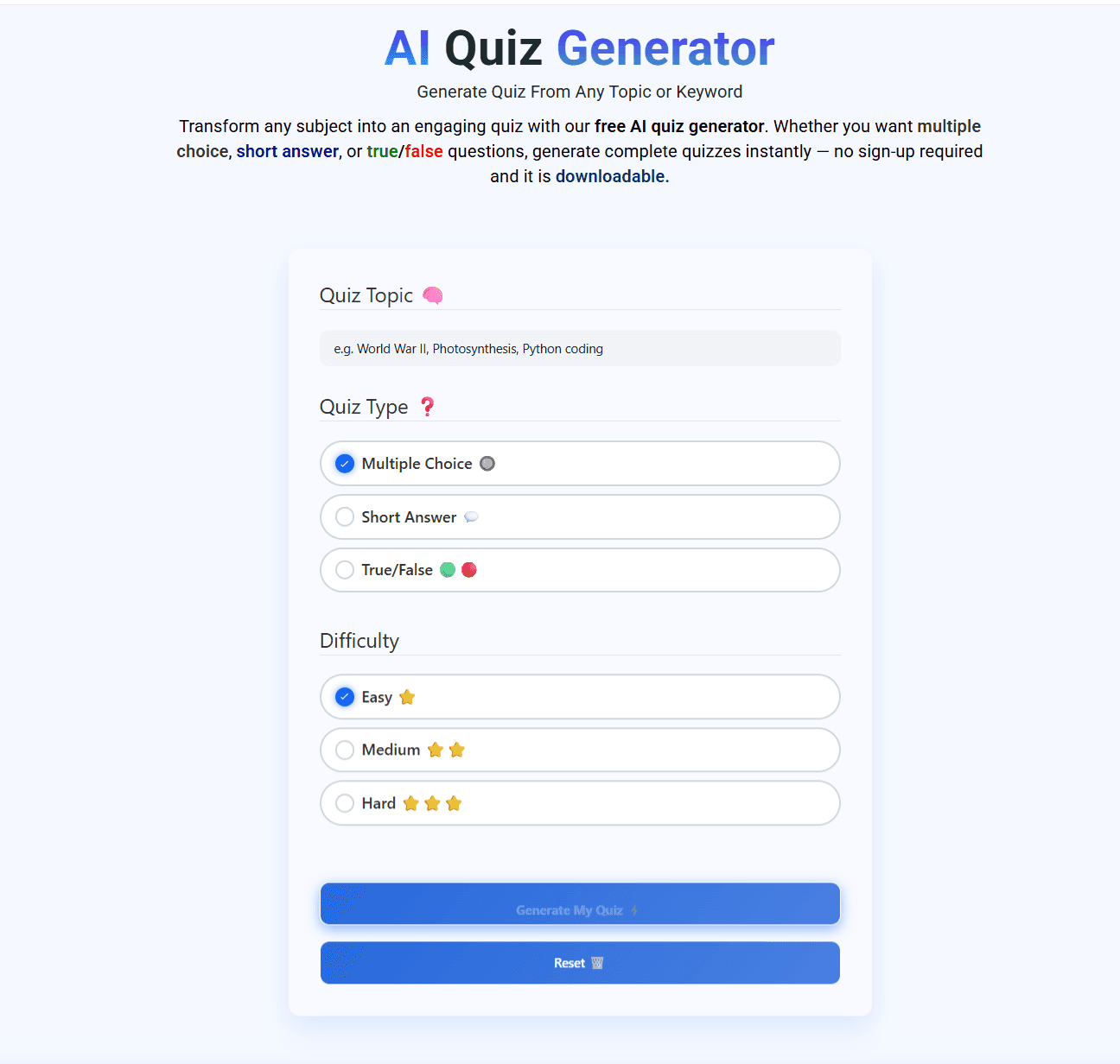 AI Quiz Generator interface screenshot