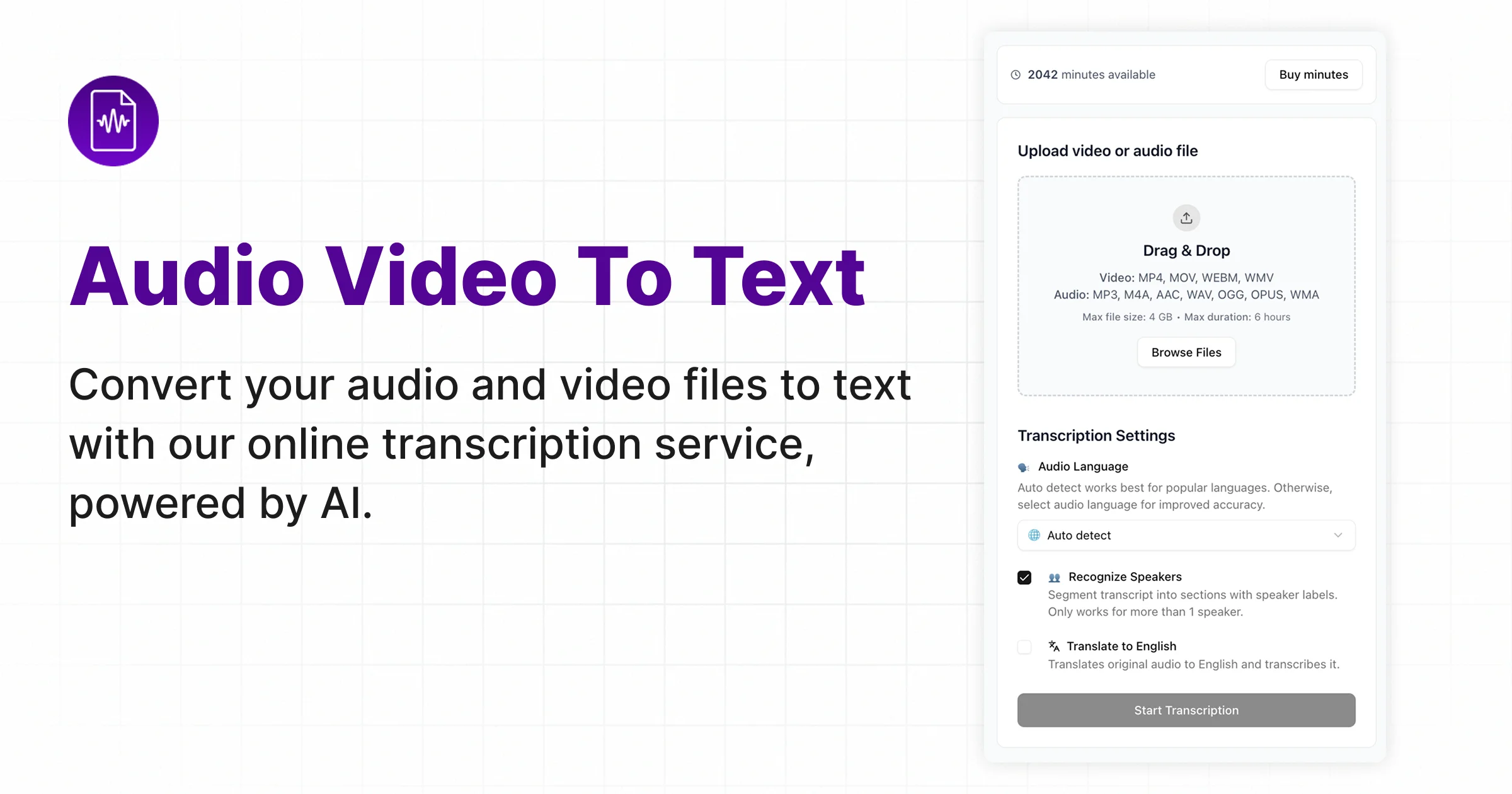 Audio Video to Text Converter interface screenshot