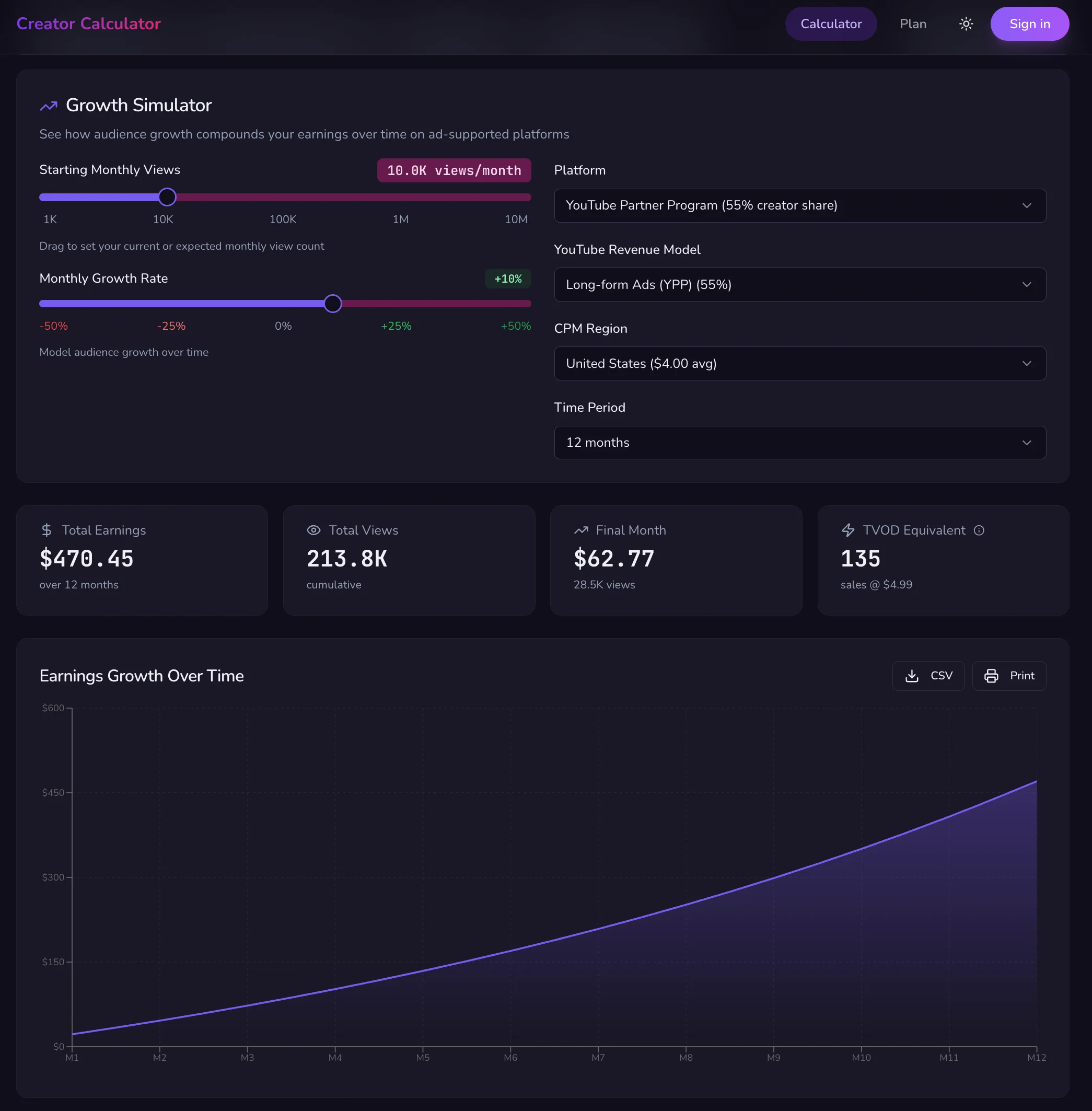 Creator Calculator interface screenshot