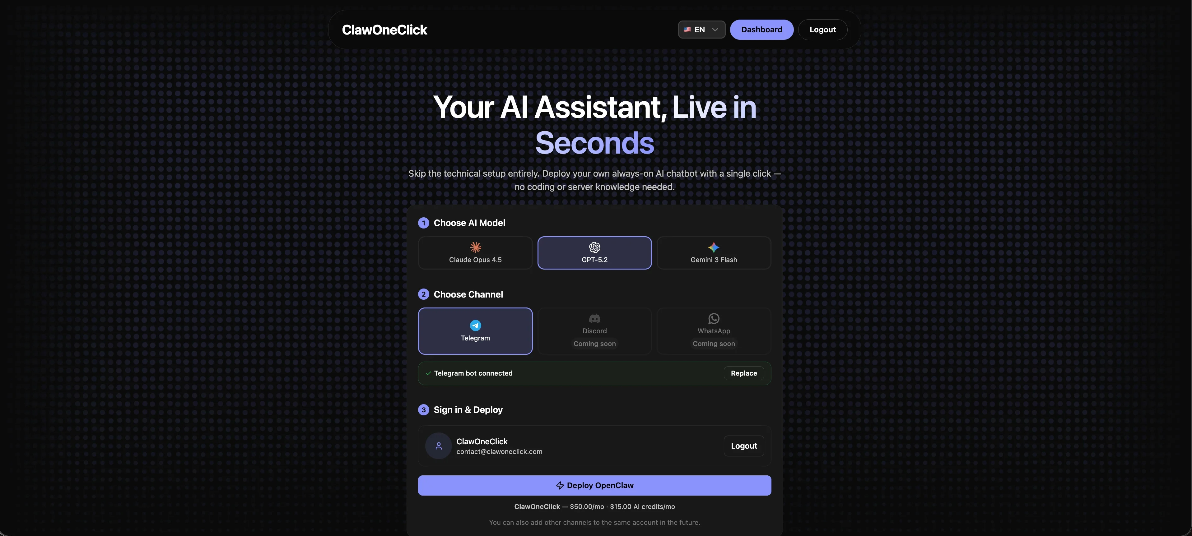 ClawOneClick interface screenshot