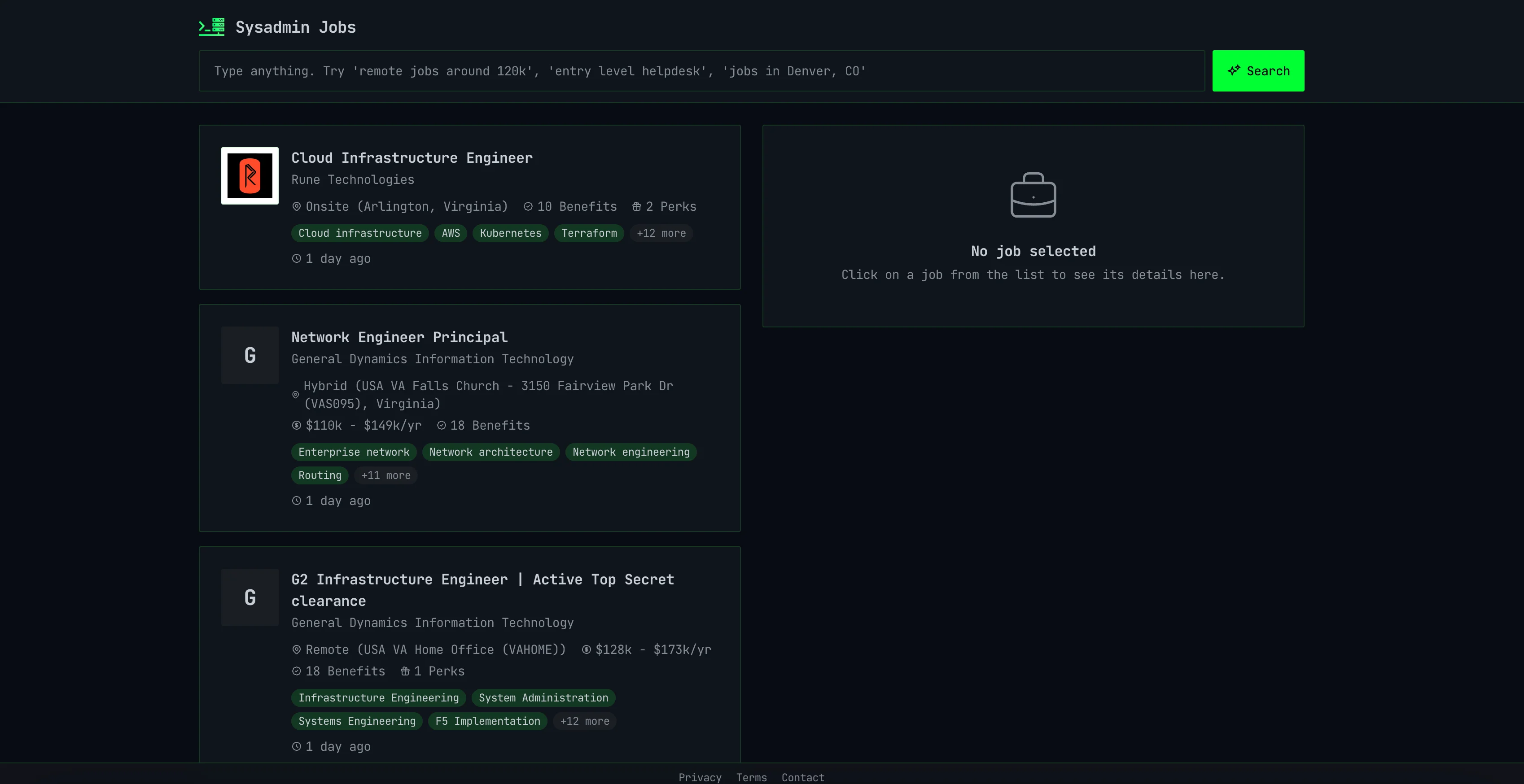 Sysadmin Jobs interface screenshot
