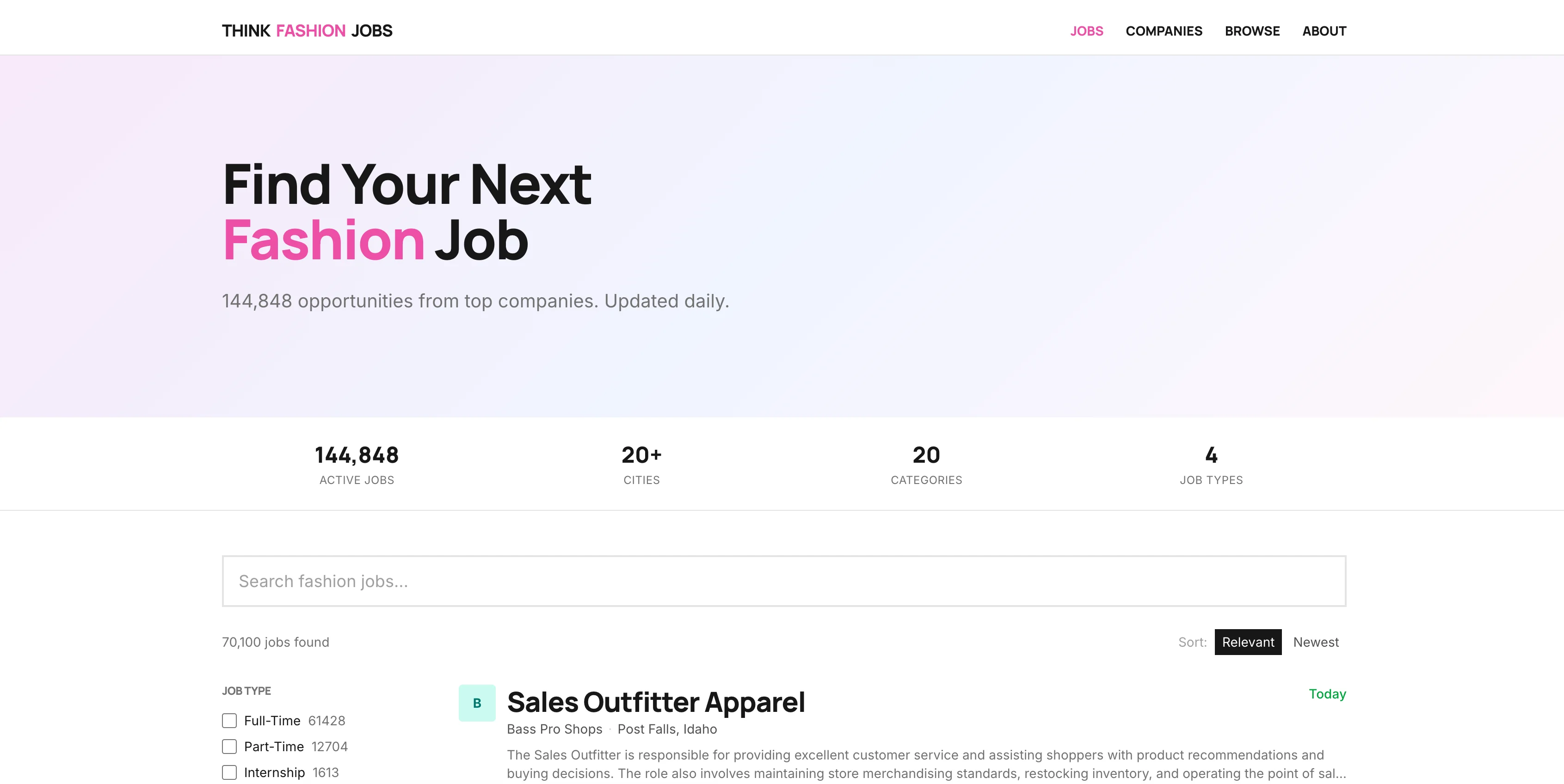 Think Fashion Jobs interface screenshot
