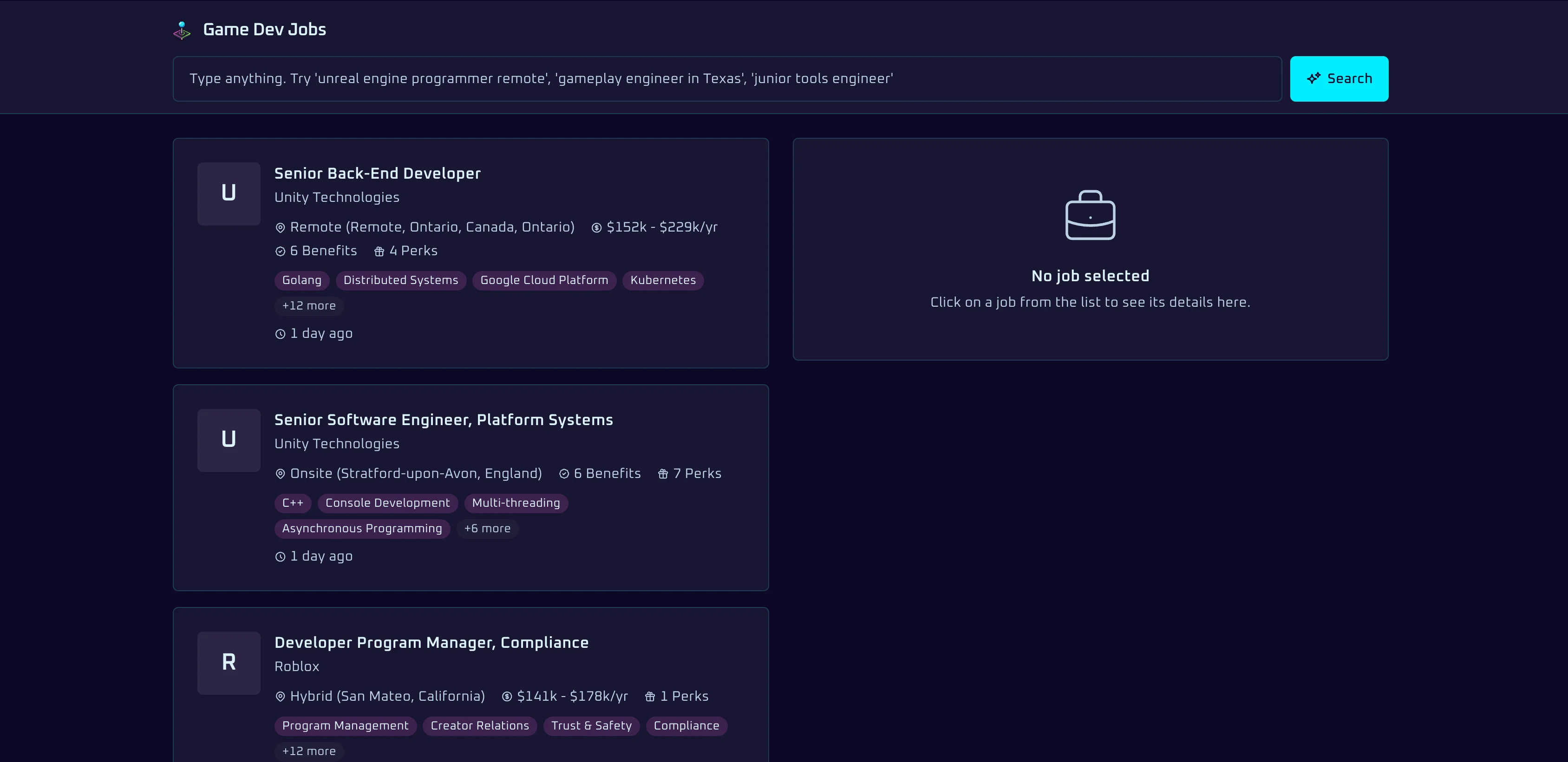 Game Dev Jobs interface screenshot