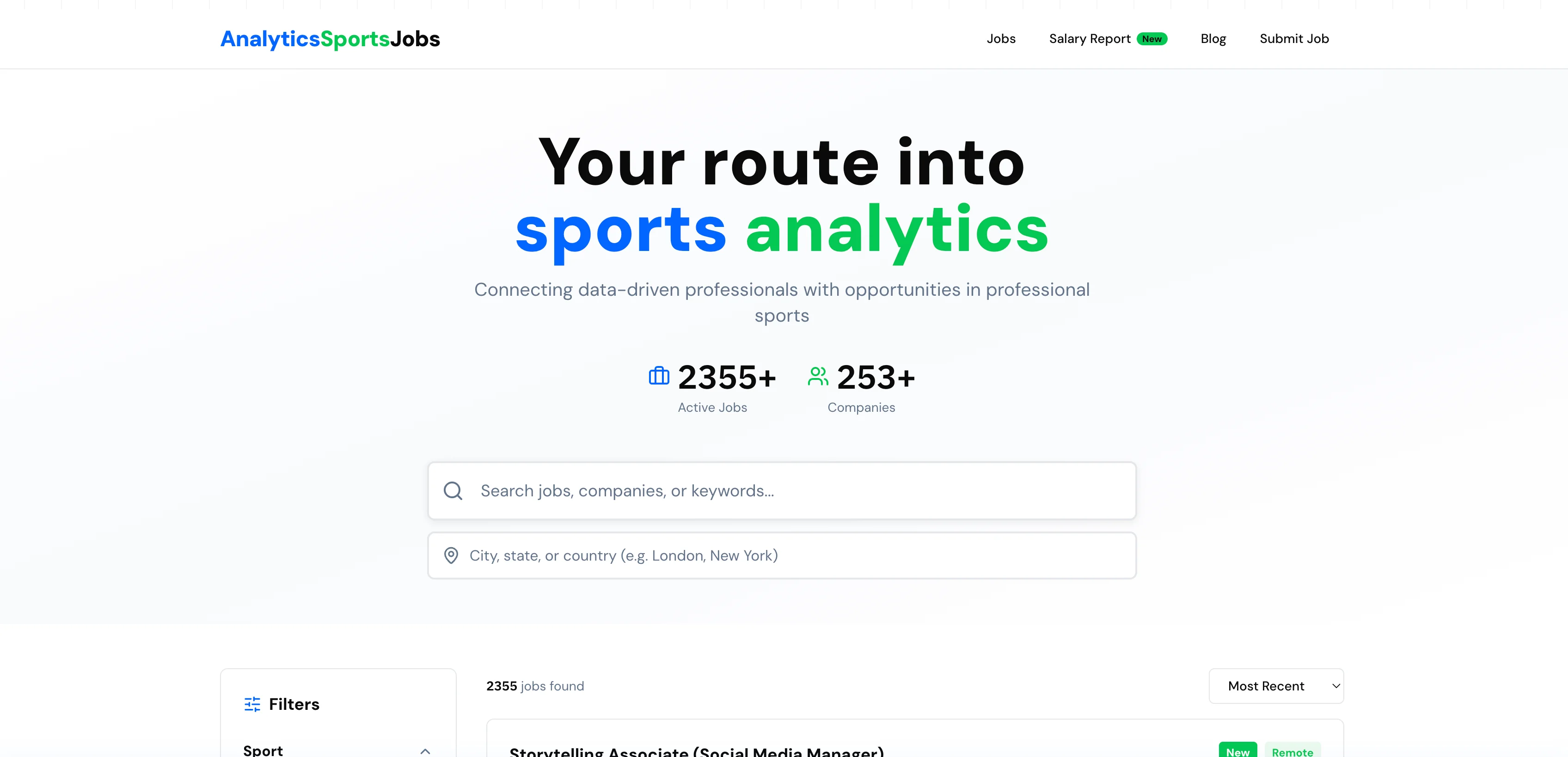 Analytics Sports Jobs interface screenshot