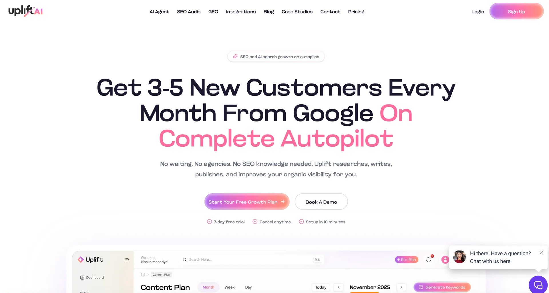 UpliftAI SEO on Autopilot interface screenshot