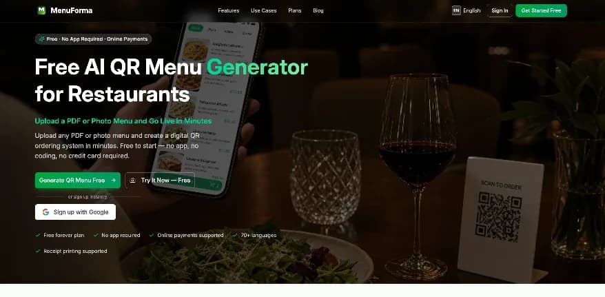 QR Menu Generator interface screenshot