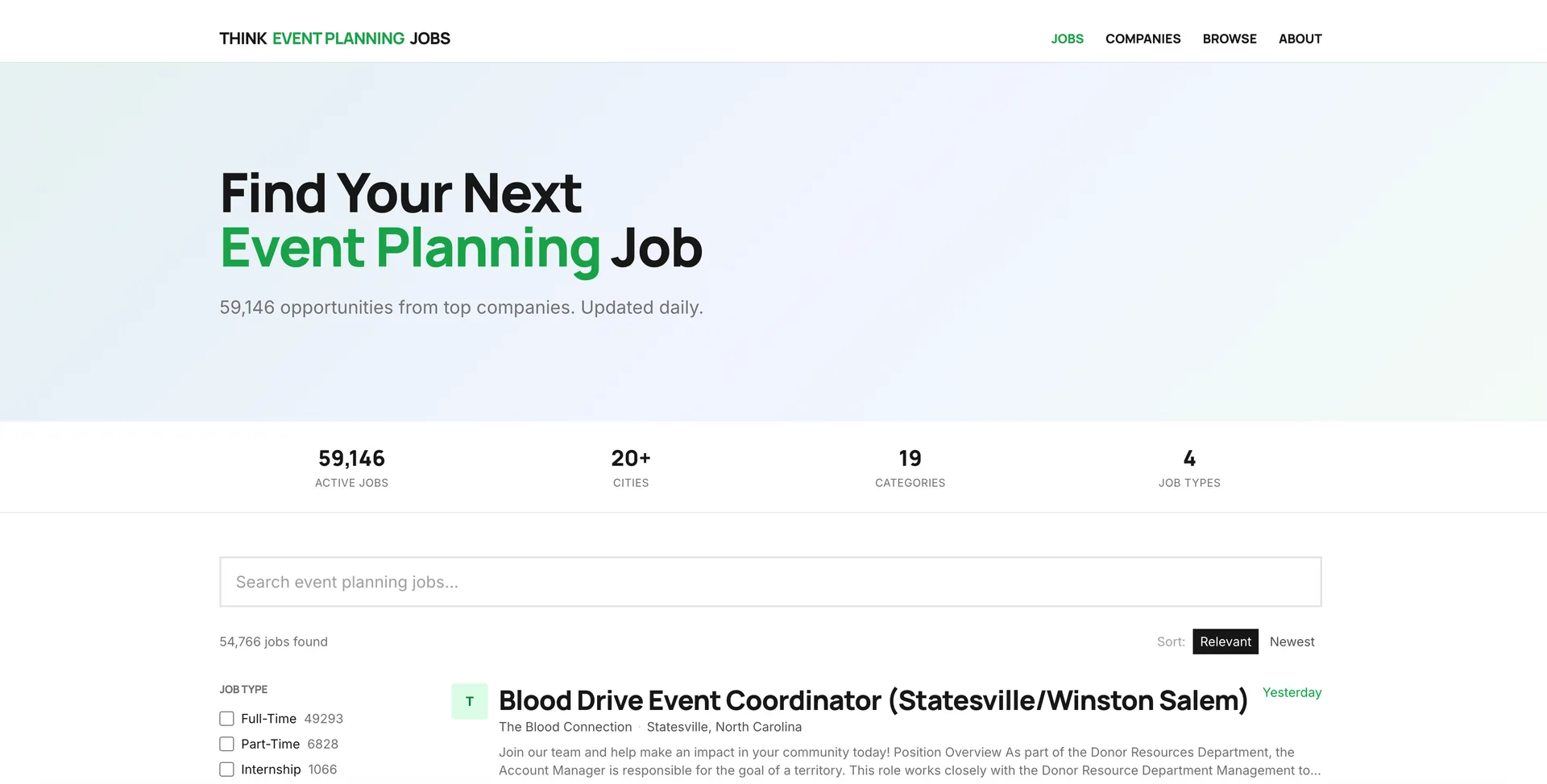 Think Event Planning Jobs interface screenshot