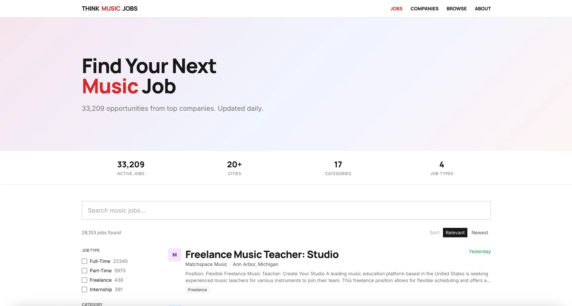 Think Music Jobs interface screenshot