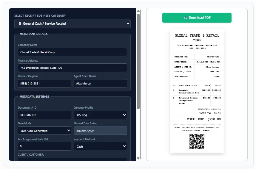 Receipt Generator interface screenshot