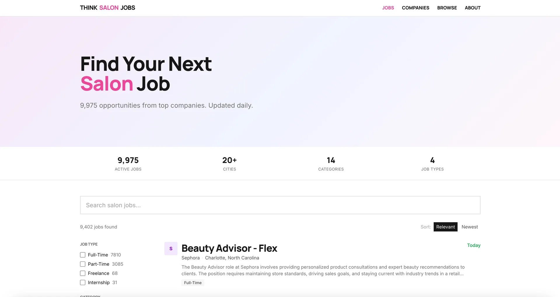 Think Salon Jobs interface screenshot