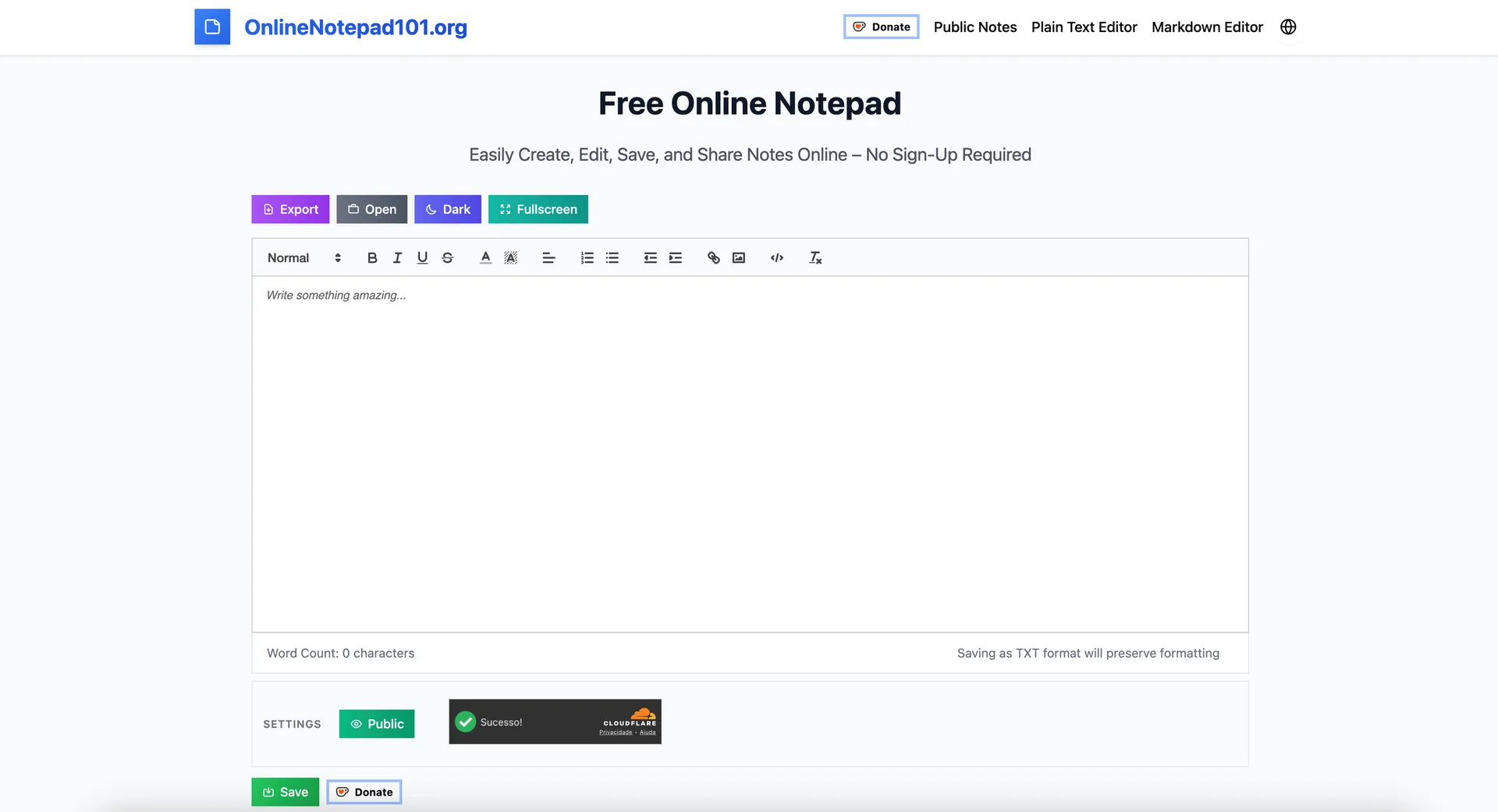 Online Notepad 101 interface screenshot