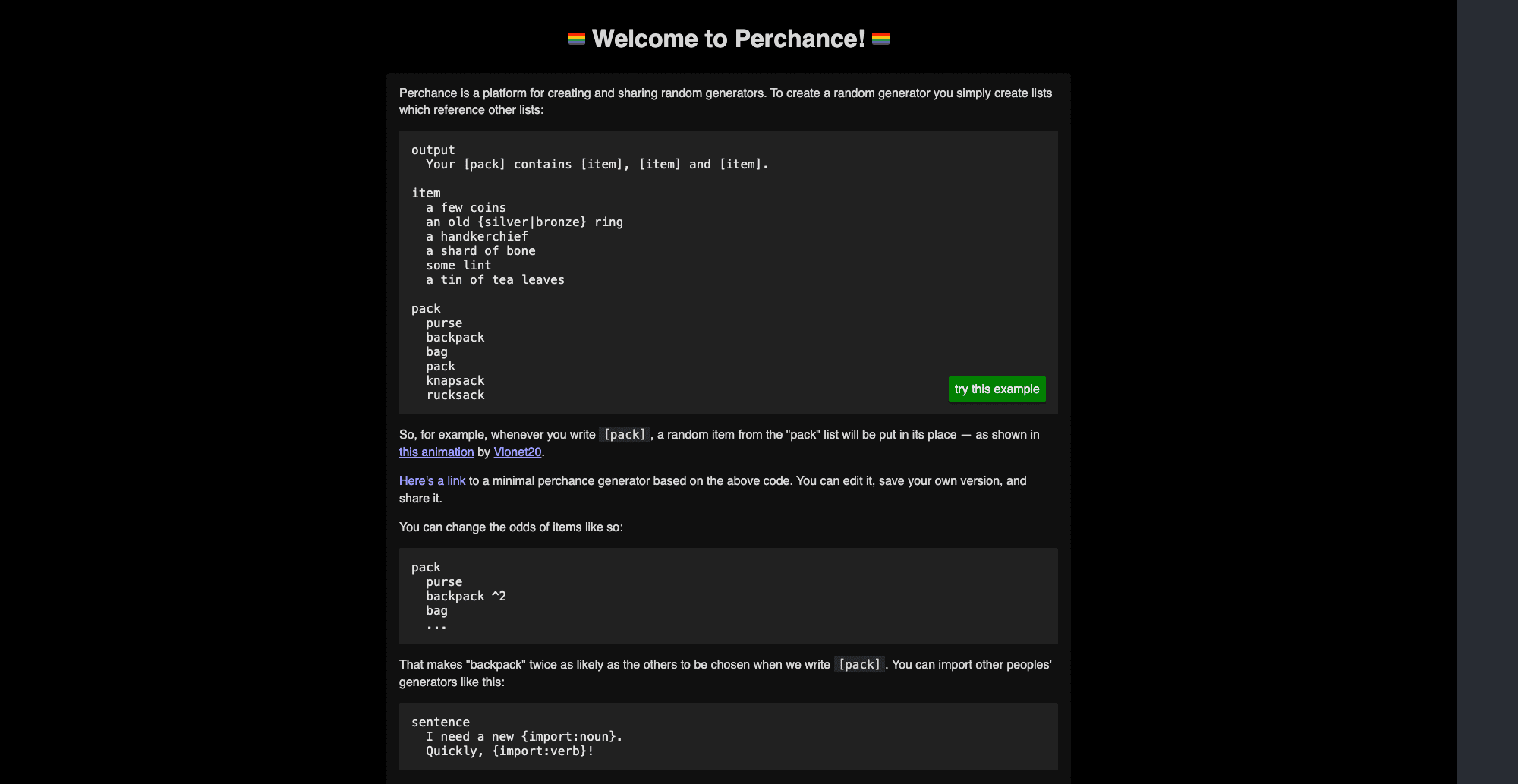 Perchance interface screenshot
