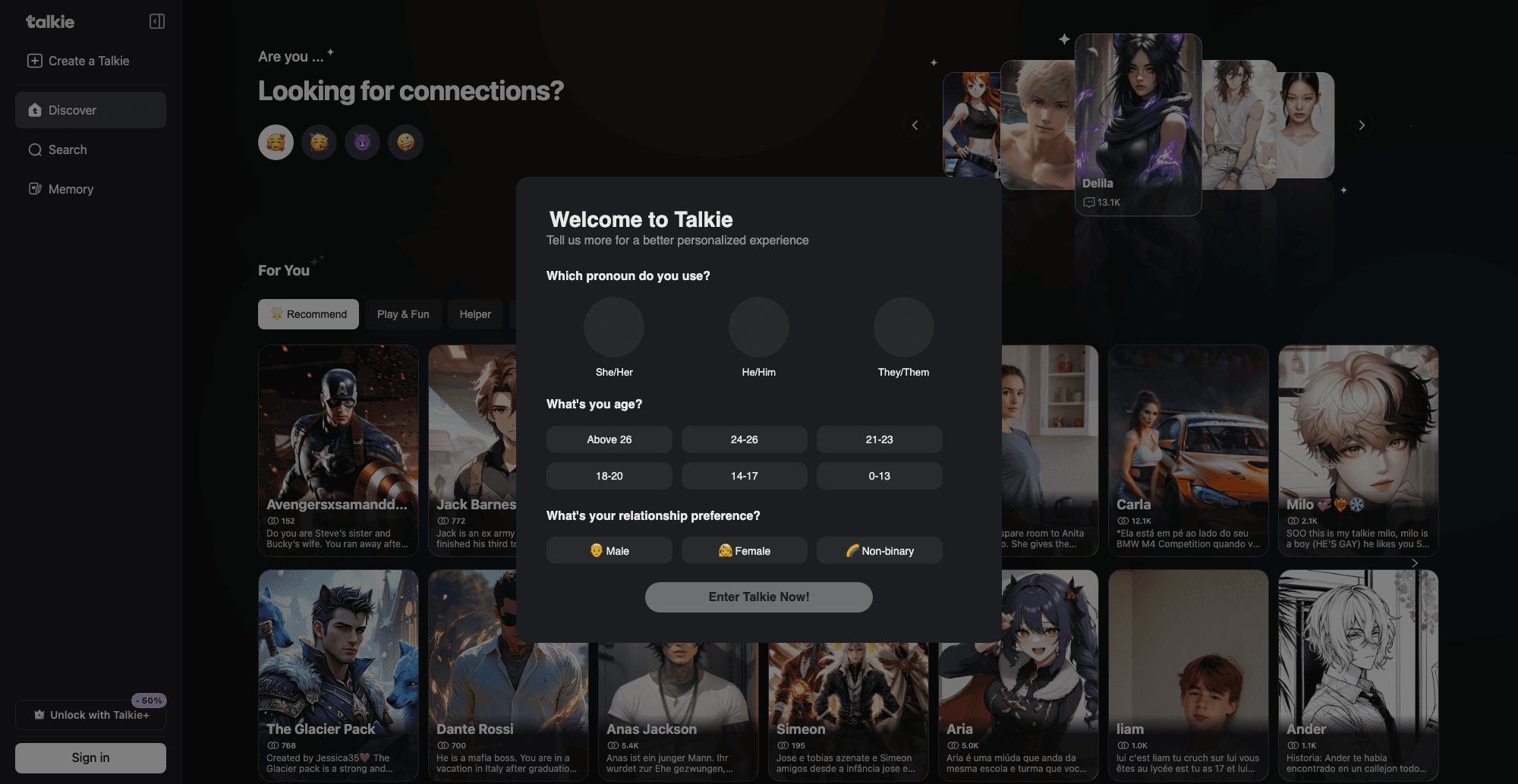Talkie AI interface screenshot