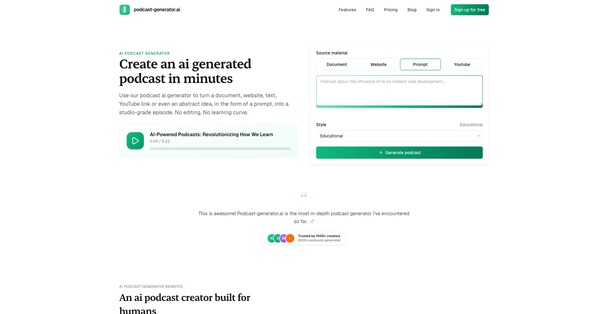 Podcast Generator AI interface screenshot