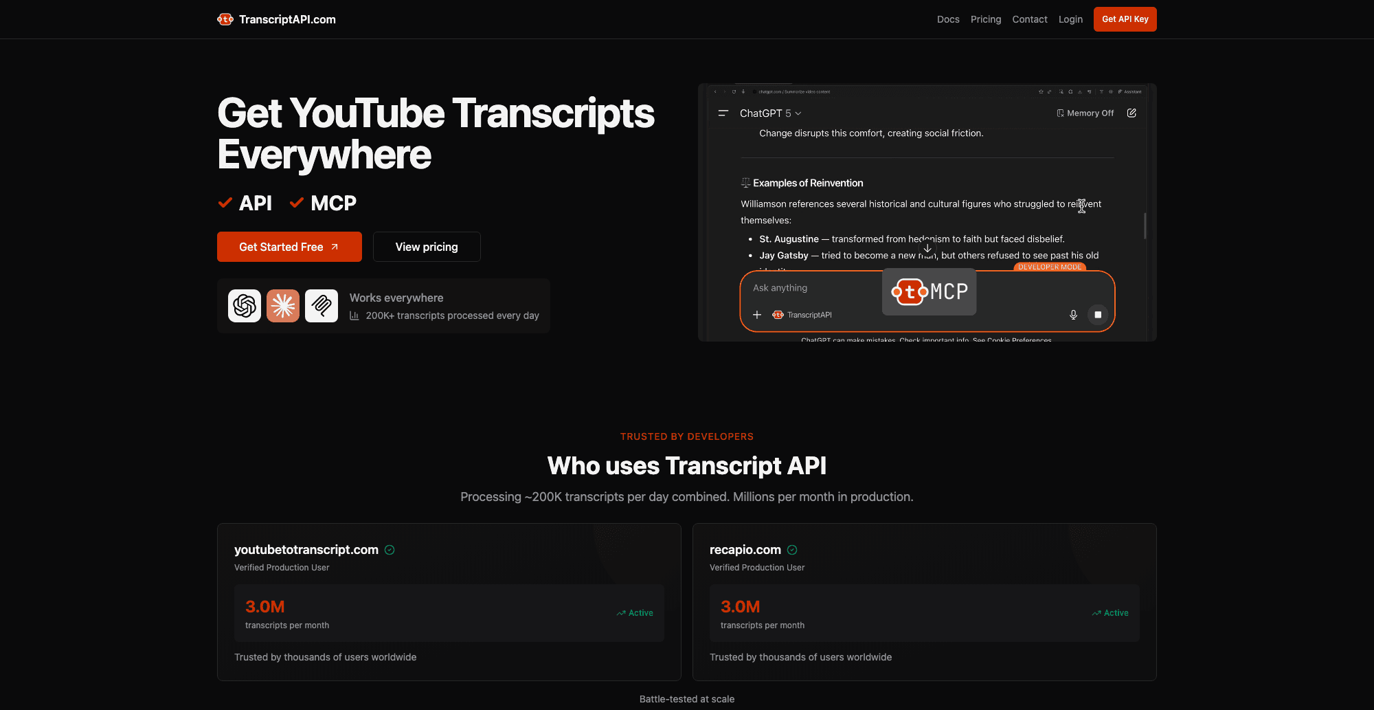 TranscriptAPI interface screenshot