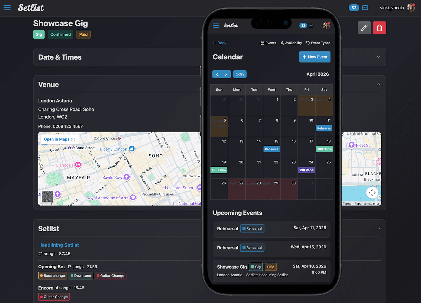Setlist interface screenshot