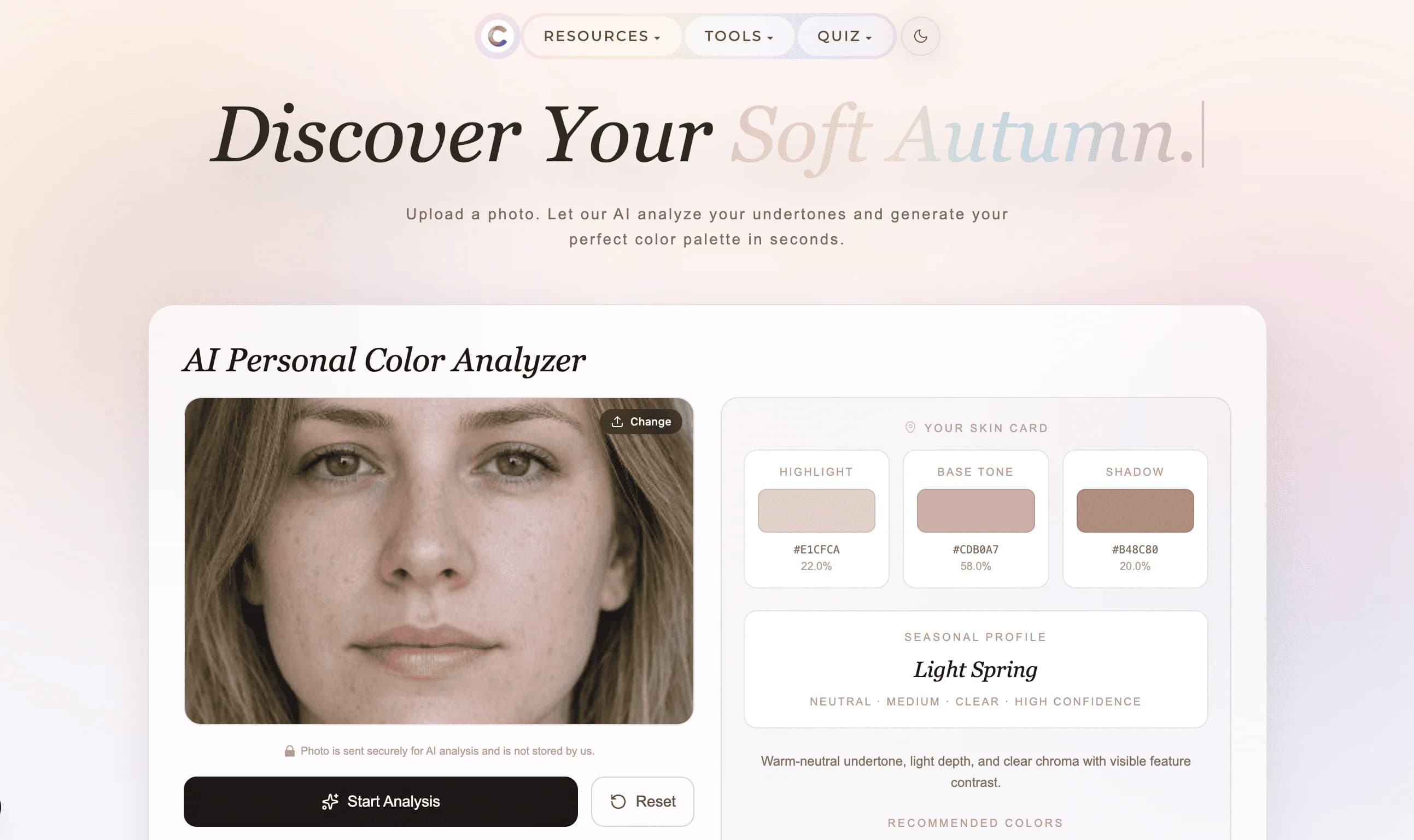 Seasonal Color Analysis interface screenshot