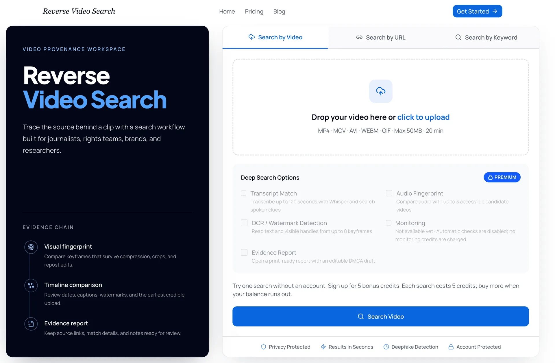 Reverse Video Search interface screenshot