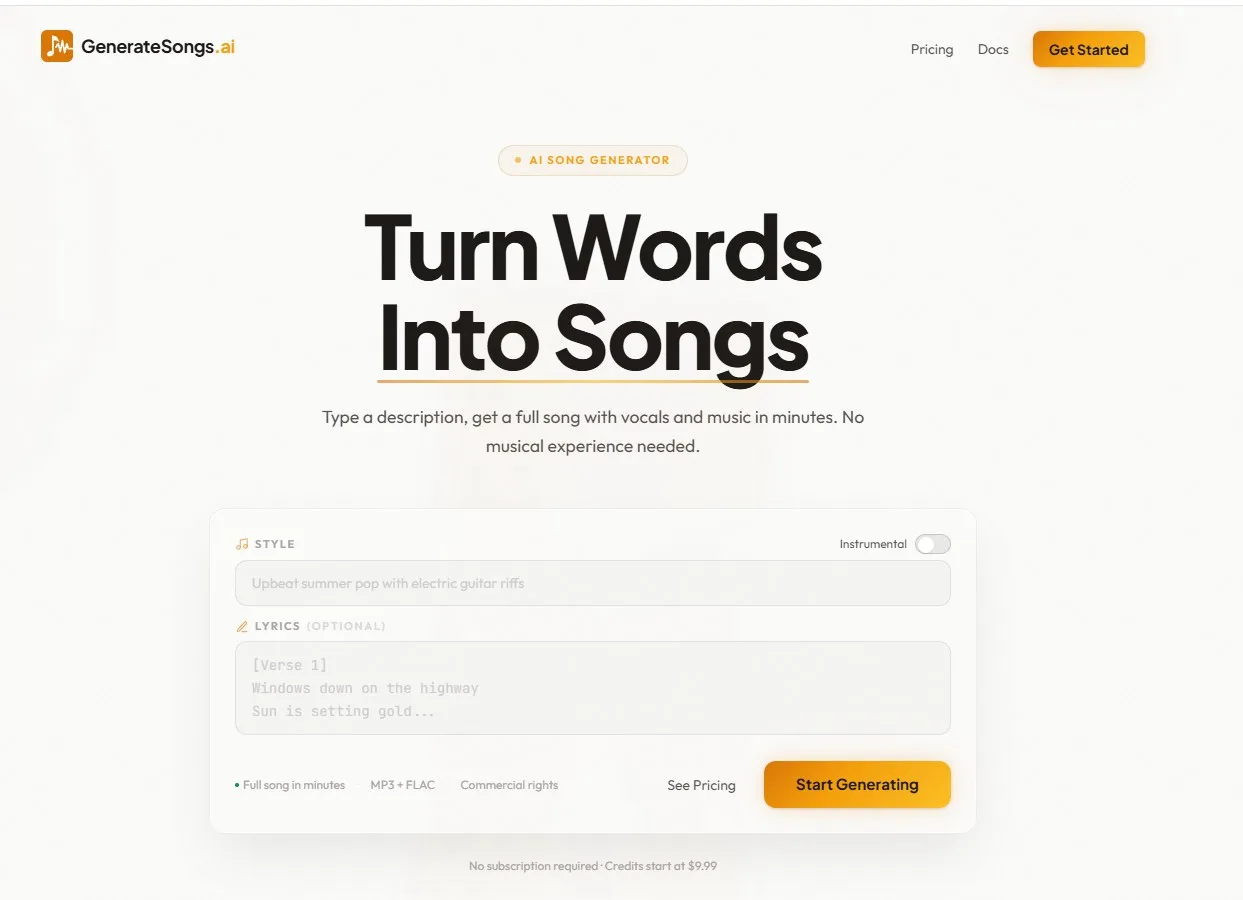 GenerateSongs.ai interface screenshot