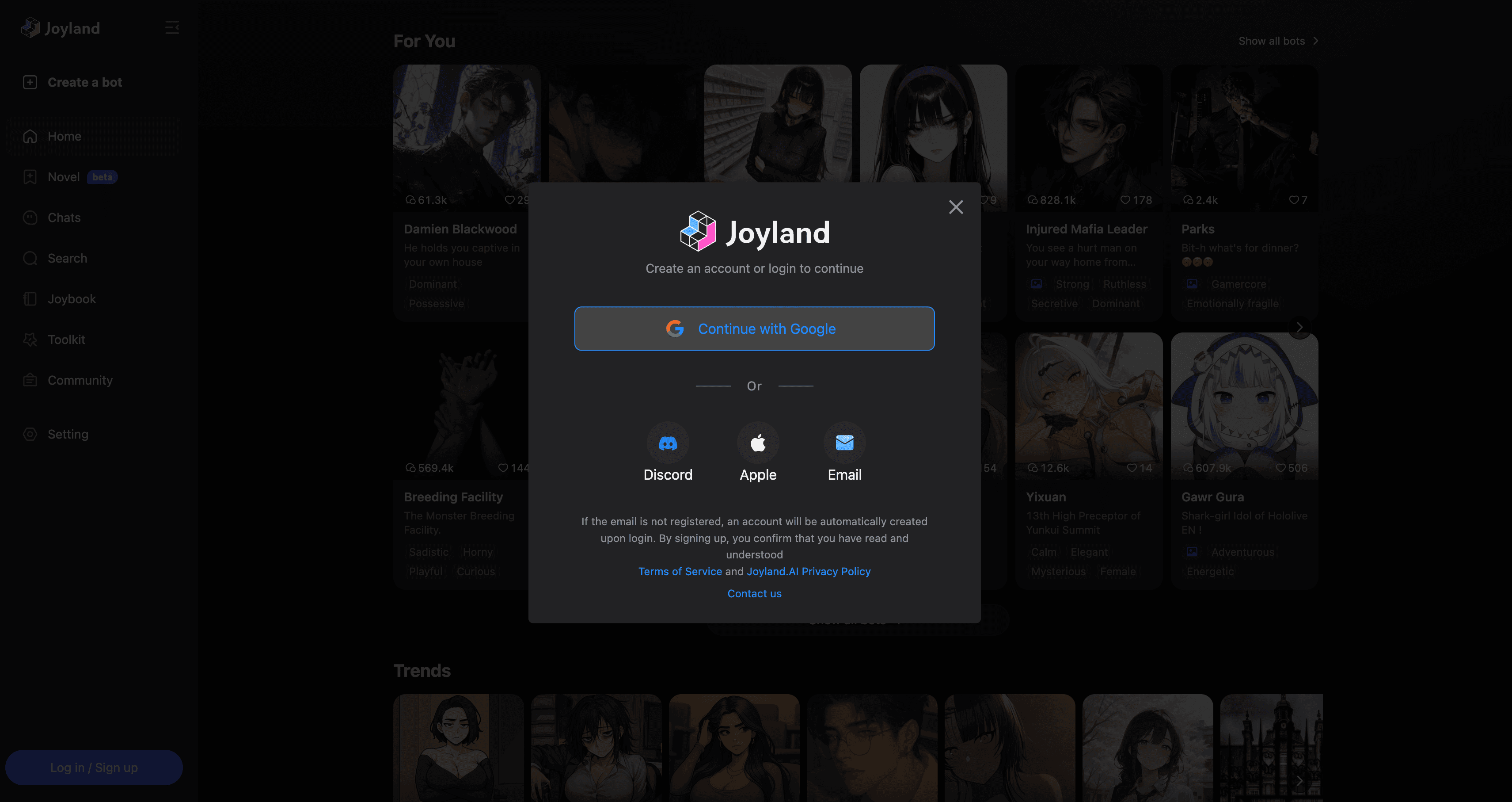 Joyland interface screenshot