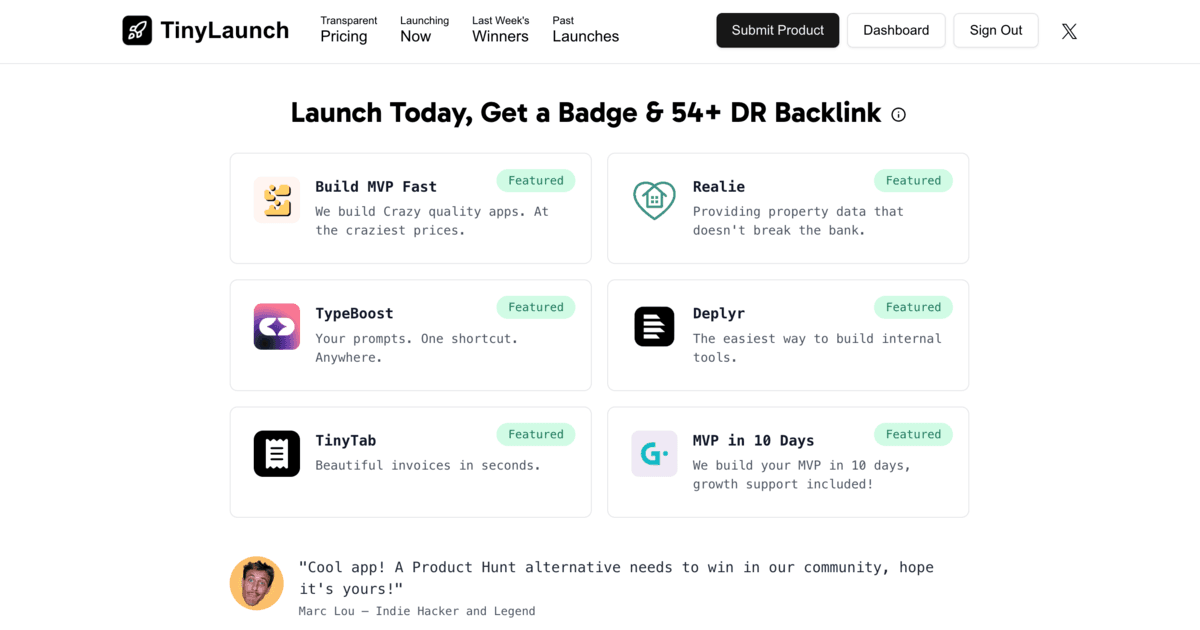 TinyLaunch website preview