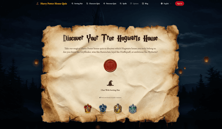Harry Potter House Quiz interface screenshot