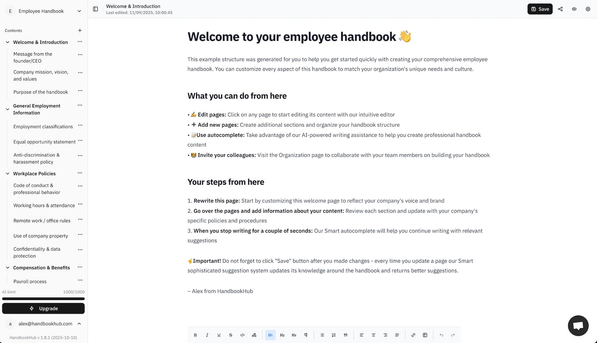 Employee Handbook Builder interface screenshot