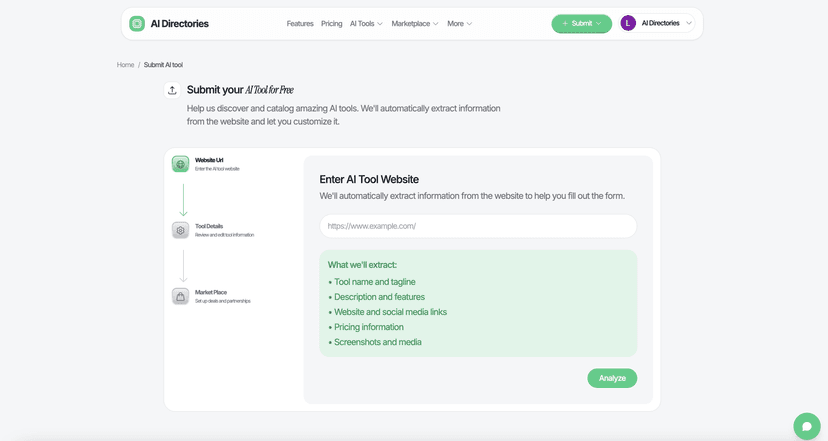 Screenshot of a submit website form used to streamline AI directory submission content.
