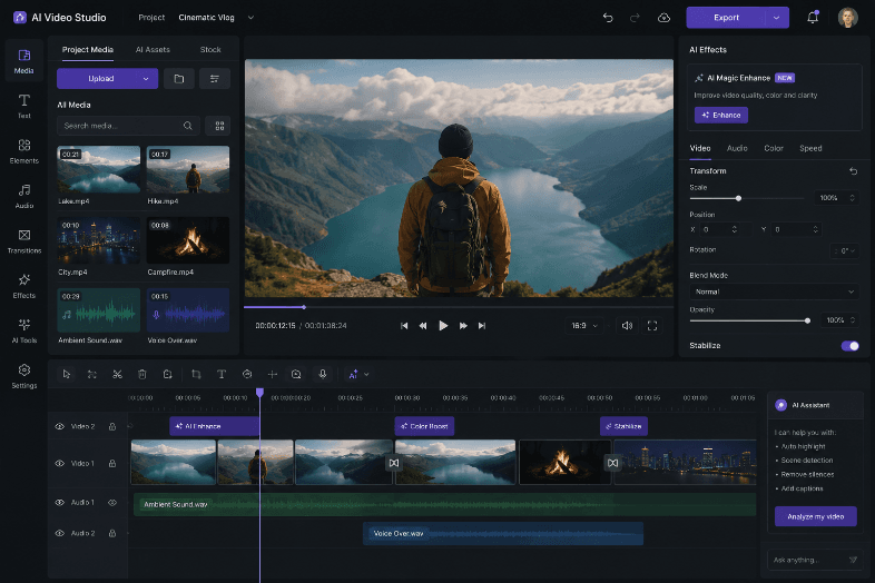 AI video editing dashboard with timeline and effects panel