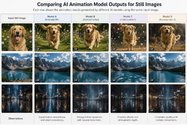 Comparing AI animation model outputs for still images