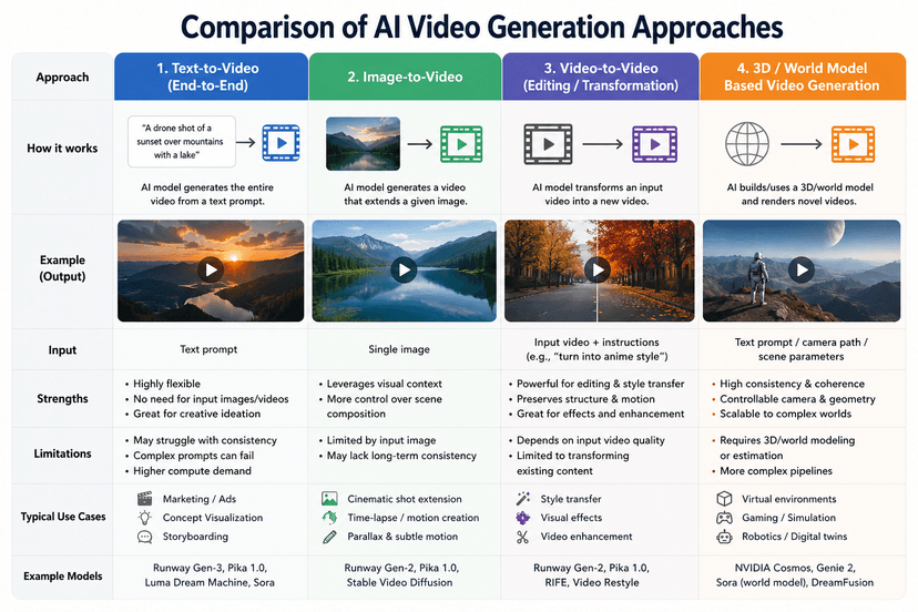 Comparison of AI video generation approaches