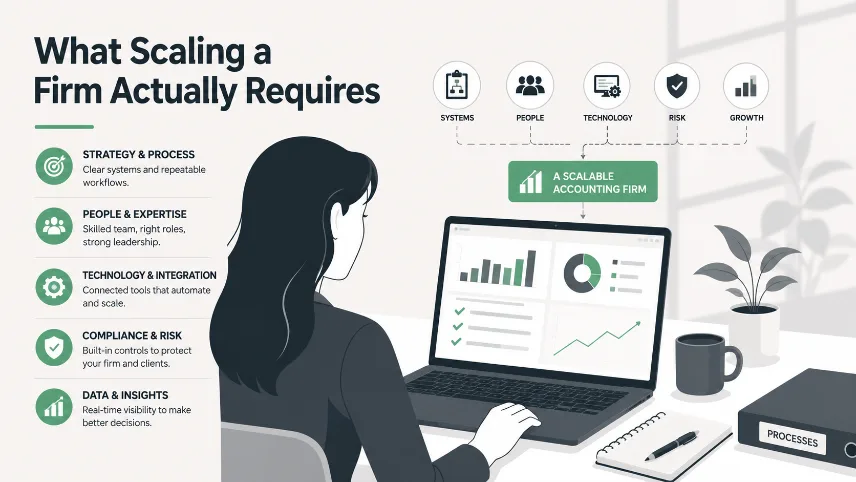 an accountant working with technology, highlighting the key elements needed to scale an accounting firm beyond AI assistants