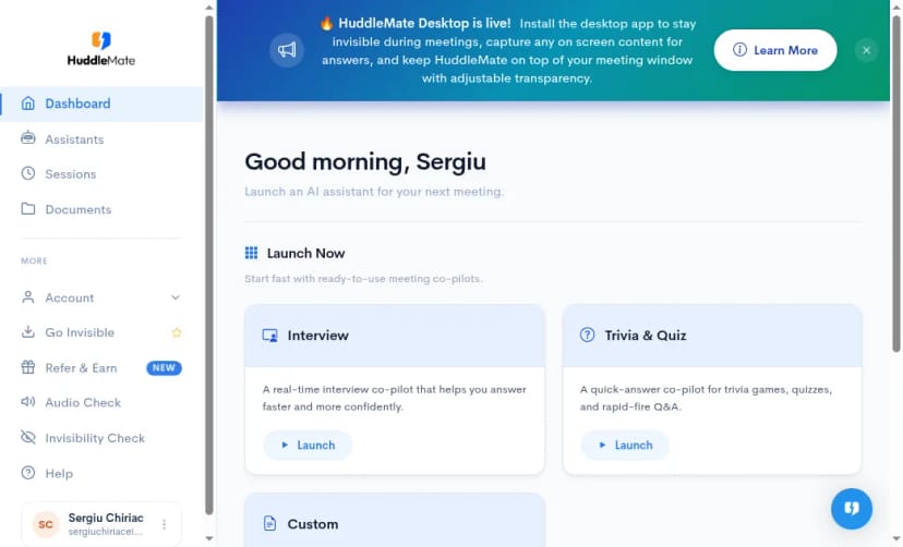Signed-in HuddleMate dashboard