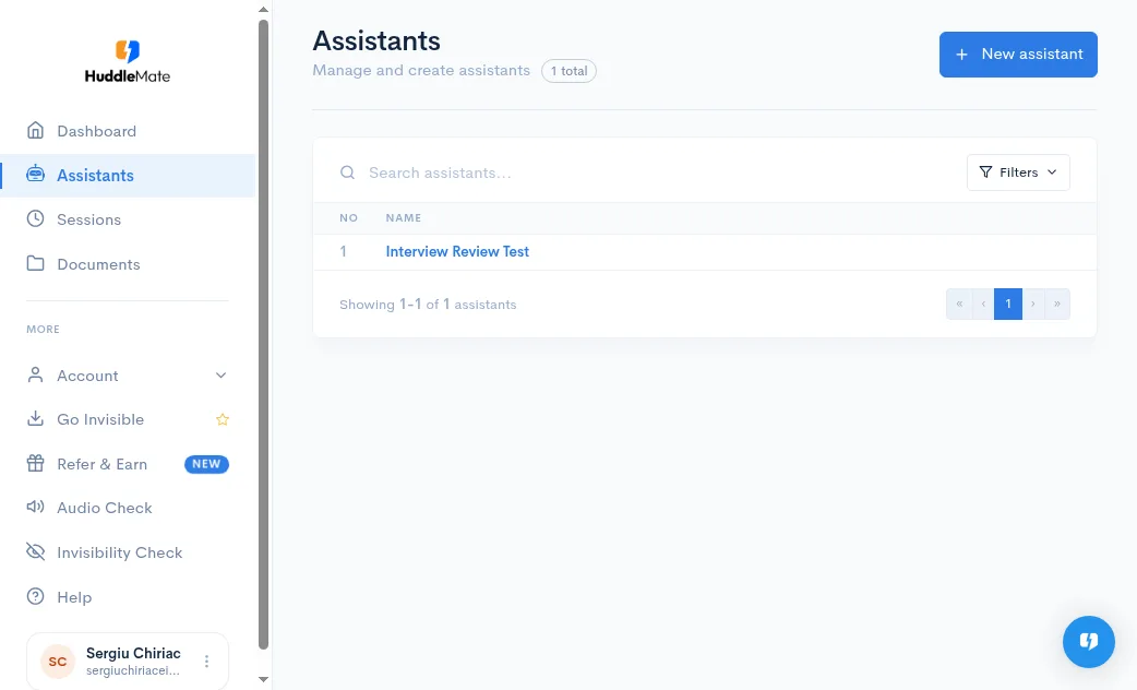Assistants list with one Interview assistant