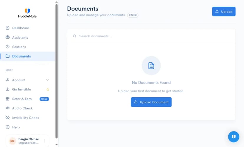 Documents page with upload controls