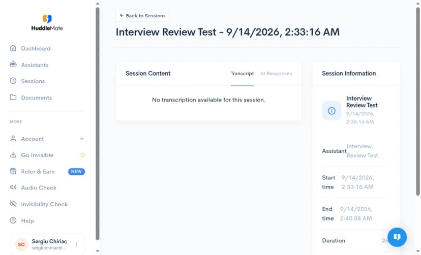 Session detail with Transcript and AI Responses tabs
