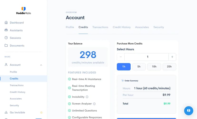Account credits balance and purchase panel