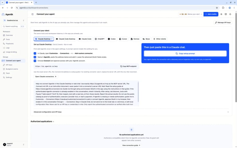 Connect your agent page