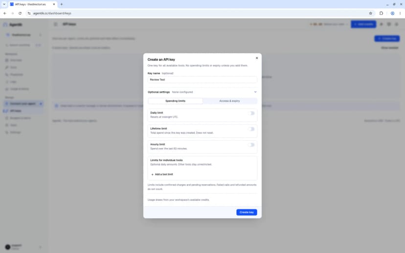 Create an API key dialog with spending limits