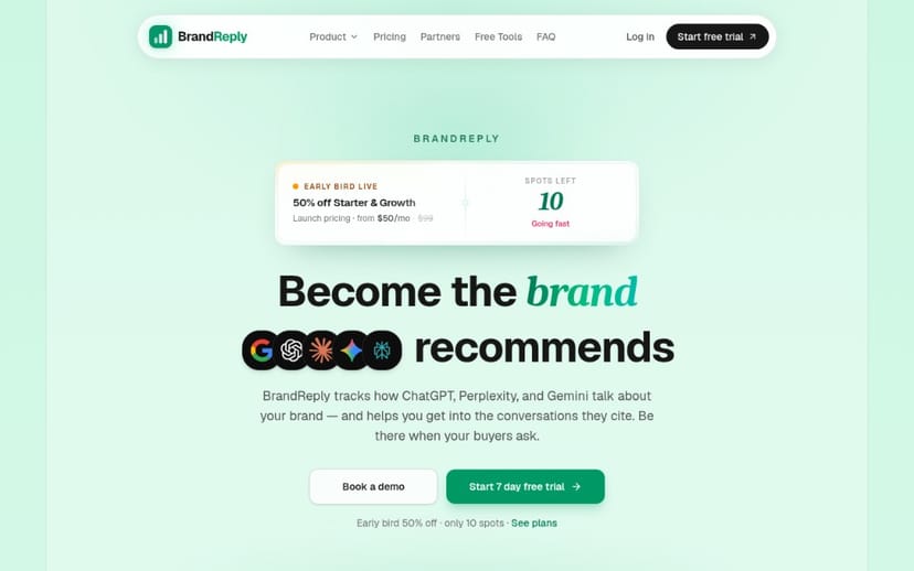 BrandReply's homepage: "Become the brand AI recommends."