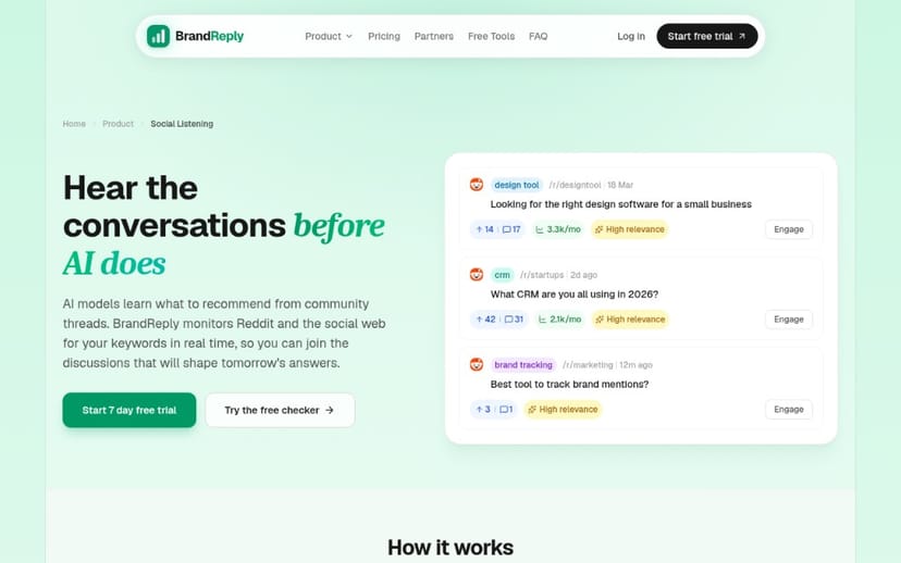 BrandReply's social listening monitors Reddit for your keywords and scores threads by relevance.