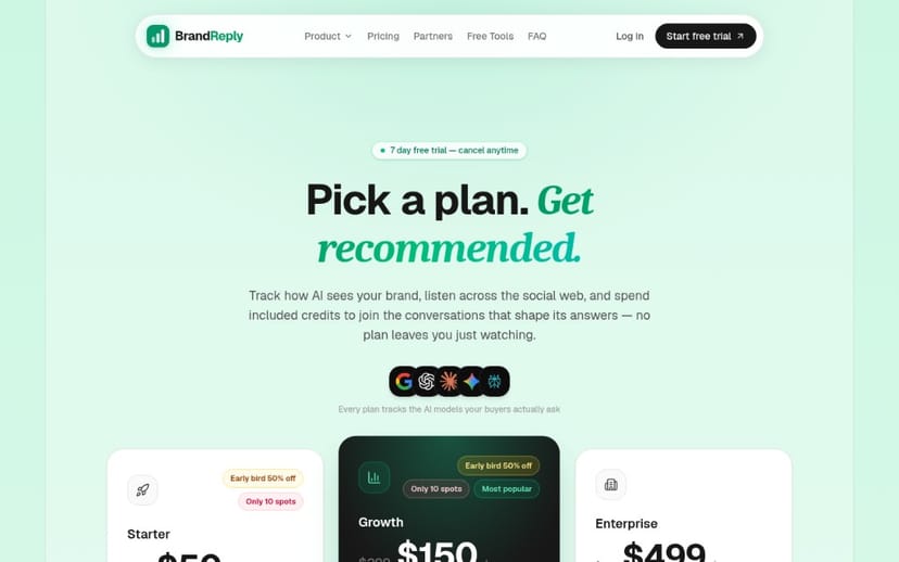 BrandReply pricing: Starter, Growth and Enterprise, each with a 7-day free trial.