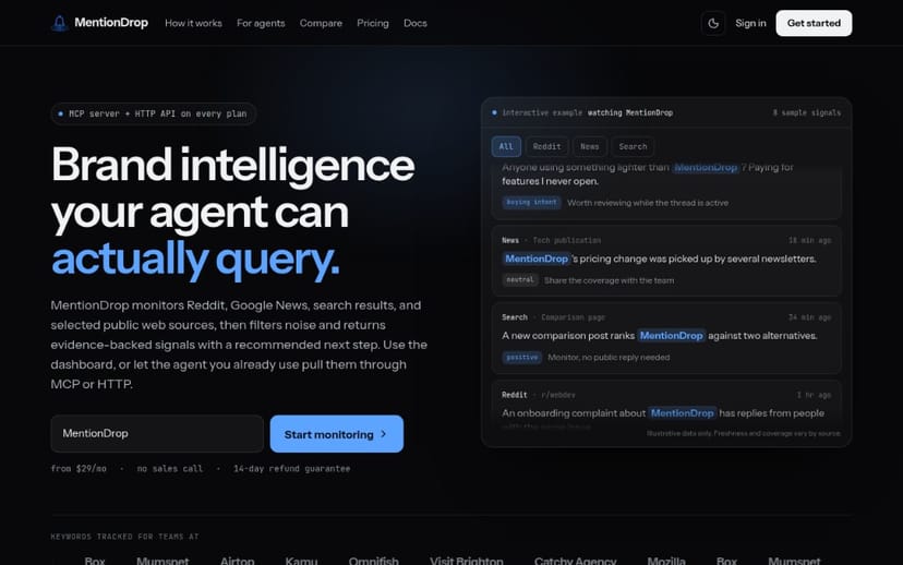 MentionDrop surfaces mentions with AI summaries and suggested actions.