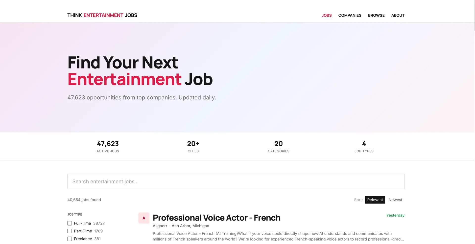 Entertainment Jobs interface screenshot