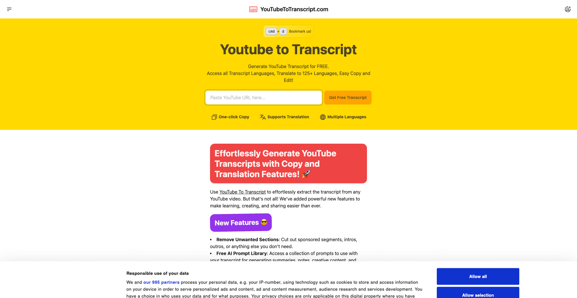 Youtube to Transcript interface screenshot