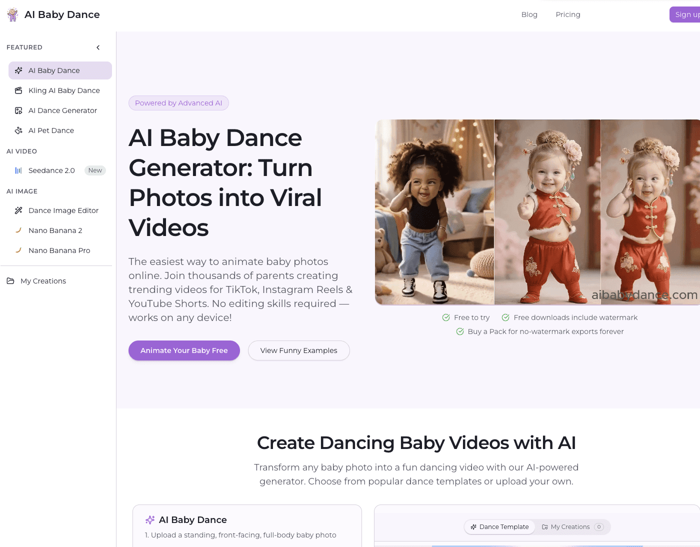 AI Baby Dance interface screenshot