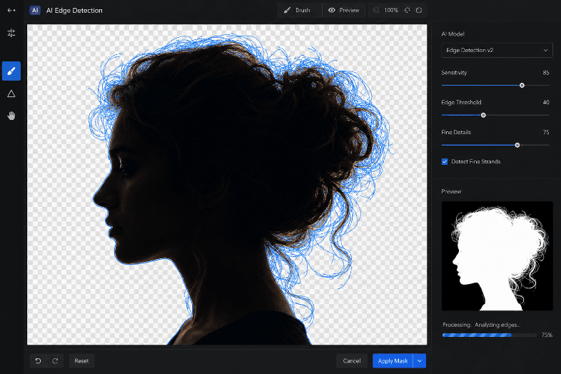 Close-up view of AI edge detection working on a complex hair silhouette