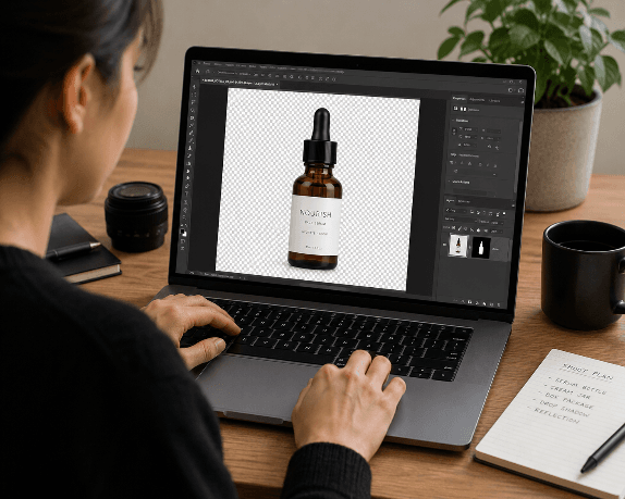 A person editing product photos on a laptop with transparent backgrounds displayed on screen